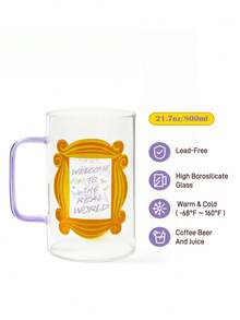 FRIENDS X SHEIN 1 Buah Mug Kaca Borosilikat Bergambar Kartun Lucu 27,1oz/800ml, Tahan Dingin dan Panas, Cocok untuk Susu, Jus, Kopi, dll., Bingkai Foto, Persahabatan, Selamat Datang di Dunia Nyata - Clear - View 3