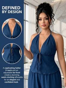 Elenzga Plus Size Women's Knit Minimalist Fashion Vacation Style Sexy Halter Deep V Tie Waist Ruffle Hem Top And Wide Leg Pants 2-Piece Set - Teal Blue - View 1