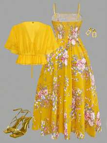 Franclia 大码女式印花两件套，雪纺衬衫外套搭配荷叶边短裙，优雅百搭，适合春、夏、秋季穿着。 - 黃色 - 查看 2