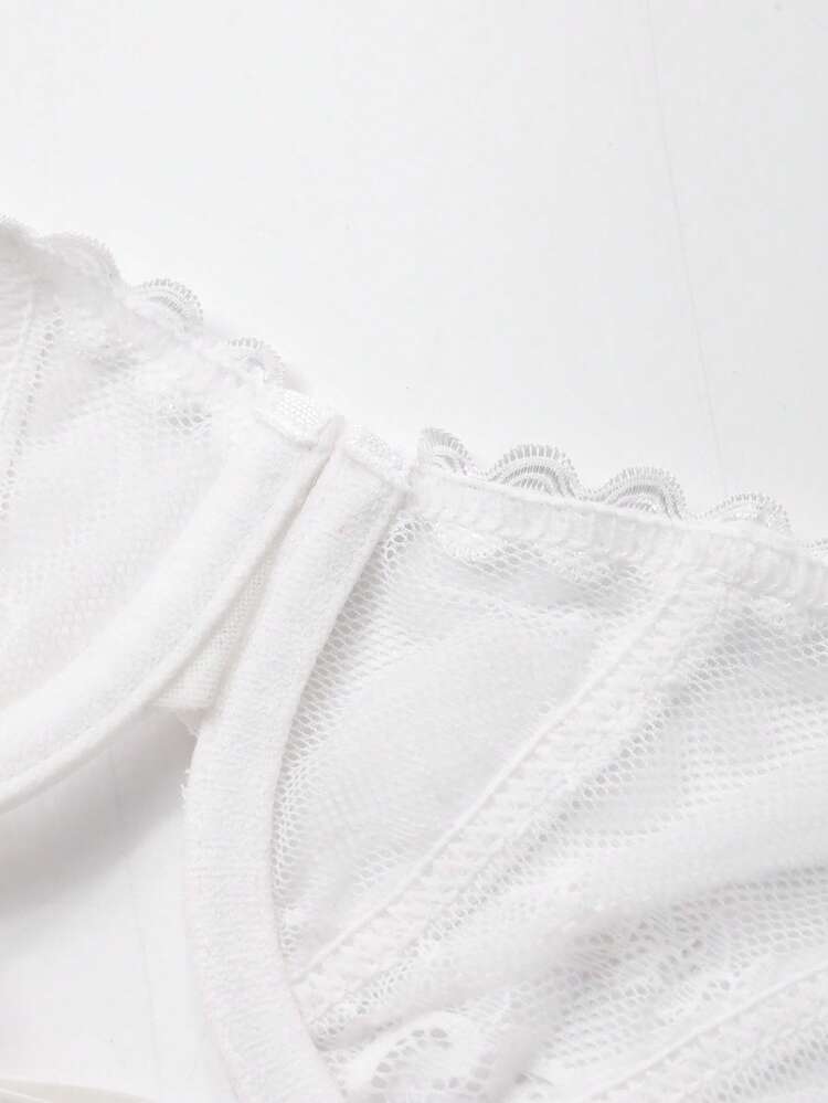 2pcs/Set Semi-Sheer Sexy White Lace Patchwork Adjustable Strap Women's Lingerie Set, Spring/Summer