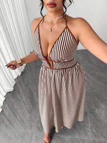 Elenzga Plus Size Women Striped Tie-Up Long Jumpsuit - Multicolor - View 3