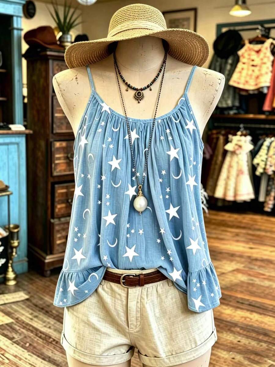 NostaNoir Women's All-Over Print Casual Vacation Camisole - Blue and White - View 1