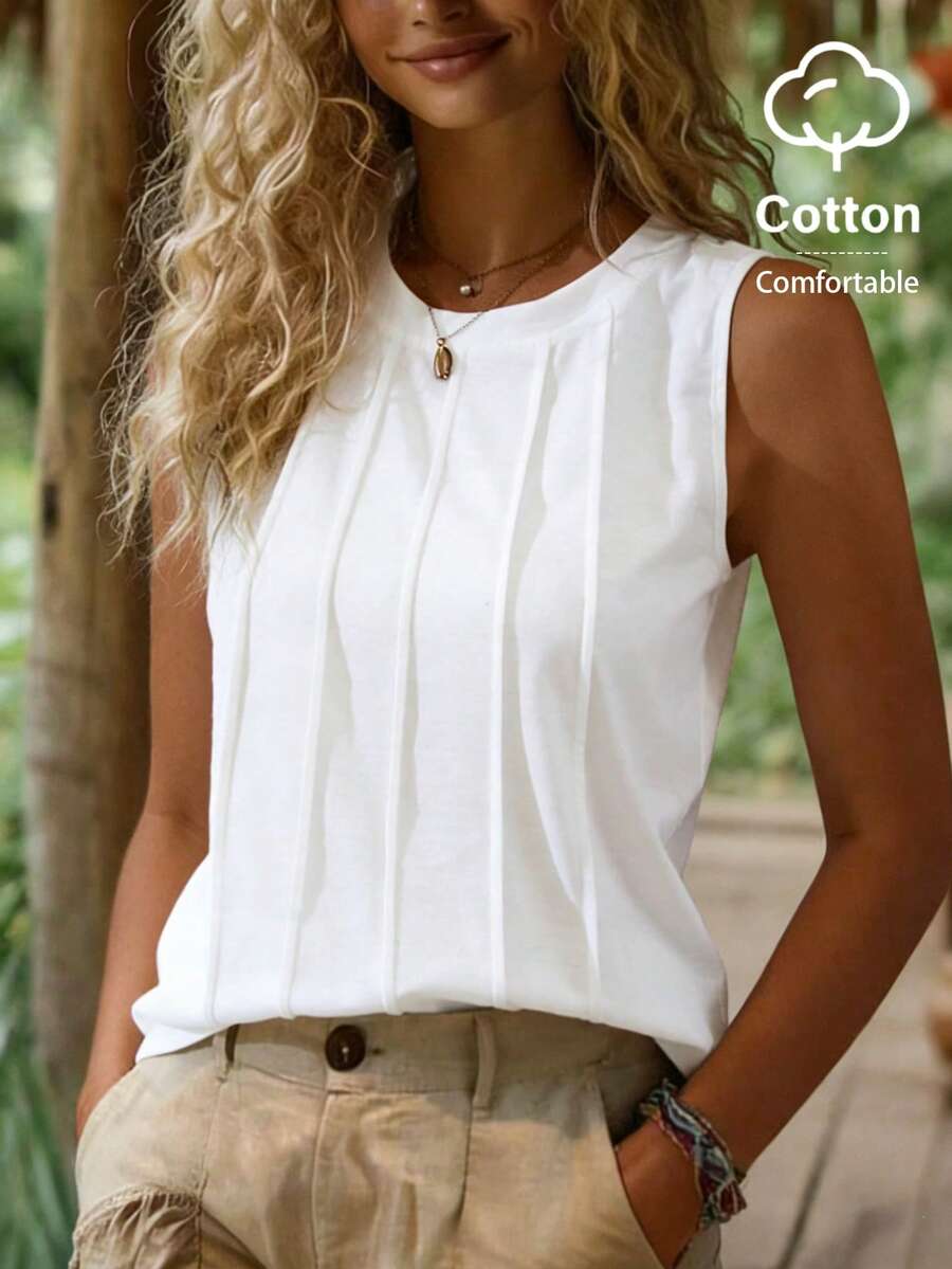 Women's Cotton Knit Round Neck Pleated Sleeveless Fitted Casual Versatile Tank Top, Summer - White - View 1