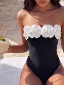 Swim Chiccia Traje de baño de una sola pieza con volantes de unicolor, decoración floral para vacaciones en la playa - Negro - Ver 8