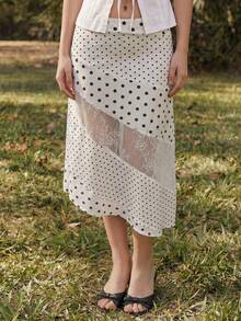 ROMWE Casual Versatile Romantic Black & White Polka Dot Lace Patchwork Asymmetrical Hem Skirt - Black and White - View 6