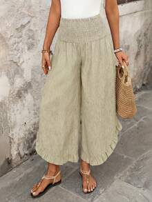 EMERY ROSE Women's Casual Boho Vacation High Waist Ruffle Hem Loose Wide Leg Pants, Suitable For Spring, Summer And Autumn Gaucho Women Beach Sage Green - Khaki - View 7