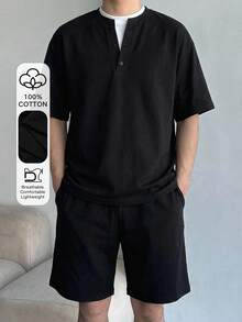 DAZY Herren Kurzarm T-Shirt und Shorts Set, schwarz-weiß Patchwork, Sommer - Schwarz - Übersicht 1