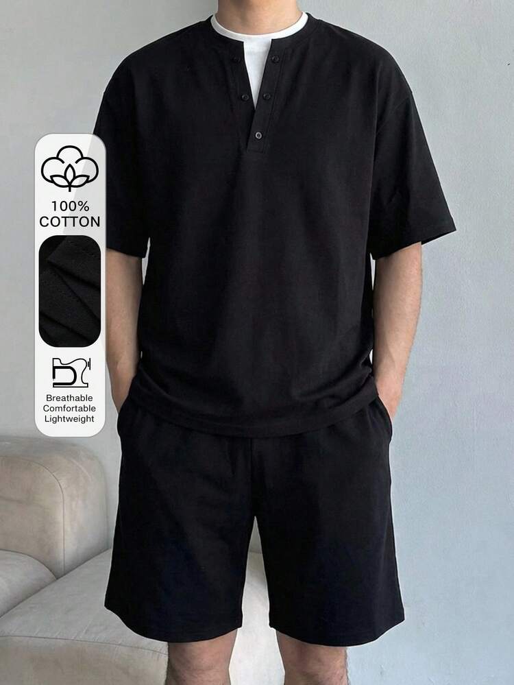 Men's Short Sleeve T-Shirt And Shorts Set, Black Patchwork With White Collar, Summer