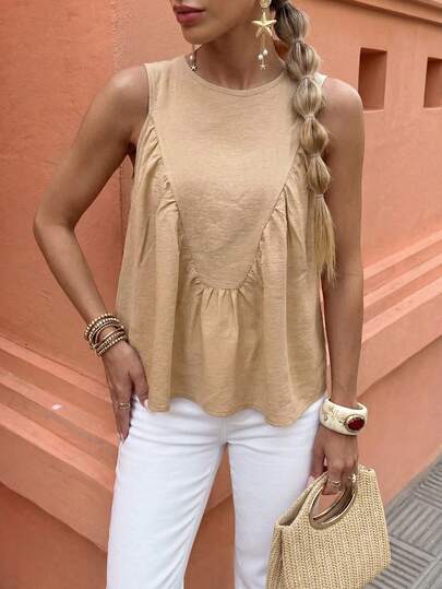 Flora Isola Flora Isola 女士夏季亚麻质感圆领倒三角褶皱设计无袖衬衫