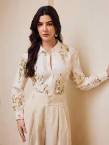 ZEYLAH Women's Fashion Sequins Embroidered Linen Long Sleeve Shirt - Apricot - View 7
