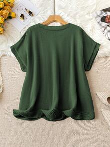 SHEIN Clasi Plus Size V-Neck Solid Color Batwing Sleeve Casual Knit Top, Autumn - Dark Green - View 2