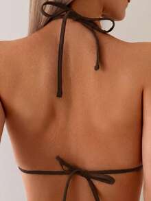Swim Vcay Women's Simple Holiday Style Halter Neck Swimsuit Set In Solid Black Nylon Fabric - 棕色 - 查看 4