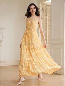 Anewsta New Arrival Sweet Fresh Yellow Plaid Sleeveless Dress, Suitable For Summer Beach Vacation Boho - Yellow - View 5