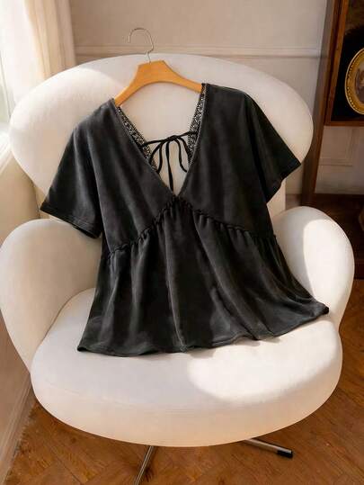 Elaquor Plus Size Casual Washed Short Sleeve T-Shirt, Summer Blouse For Women Tops For Women Blouse Korean Style Woman Clothes