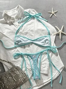 Swim Vcay Bộ bikini 2 món gợi cảm, áo quây cổ yếm bằng vải đính sequin và quần bikini dây buộc bên hông, thích hợp cho kỳ nghỉ biển mùa xuân/hè. - Màu xanh Bạc hà - Xem 2