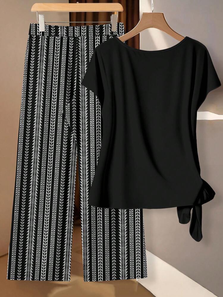 Top de manga corta casual negro y pantalones de 2 piezas con estampado floral retro y rayas, talla grande, adecuado para vacaciones de verano - Multicolor - Añade 2