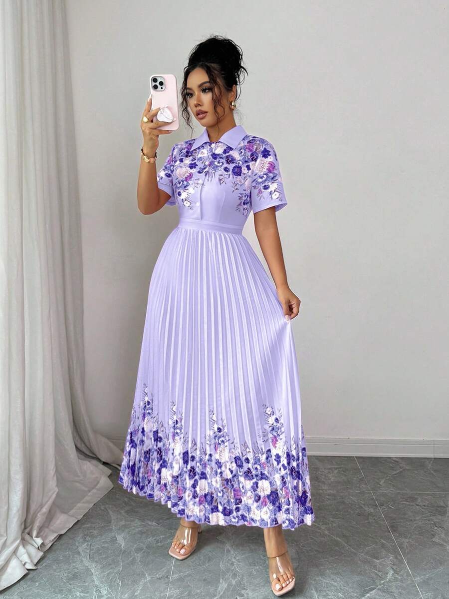 Elenzga 女士印花褶裥短袖翻领纽扣休闲度假风连衣裙,设计细节精美,适合返校、教师装、感恩节等场合。 - 紫色 - 查看 1