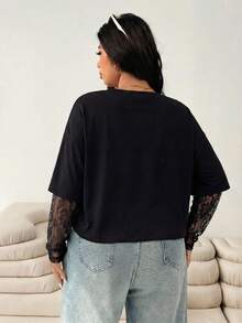 SHEIN EZwear 大码女式休闲蕾丝拼接圆领T恤 - 黑色 - 查看 2