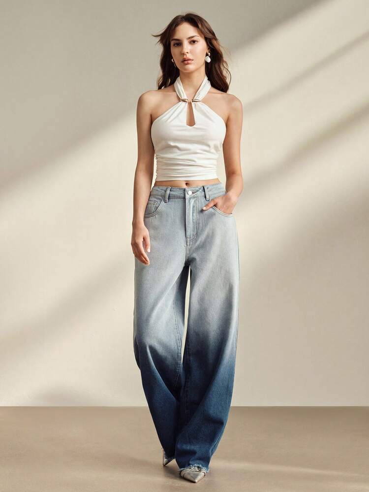 Women's Fashion New Ombre Blue Straight Leg Jeans Pants