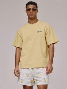 Musero Oversized Crew Neck Short Sleeve Dropped Shoulder Large Back Summery Fruit Graphic Print Tshirt Spring Summer Holiday Essentials - Yellow - View 3