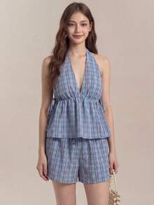 Muvela Ensemble 2 pièces femme top froncé à carreaux et short à cordon de serrage à la taille. Tenue décontracté pour tous les jours, style rétro college. Convient à diverses occasions : vintage, élégant, bureau, décontracté, romantique, esthétique années 90, fête, invité de mariage, basique, minimaliste. - Multicolore - Voir 5