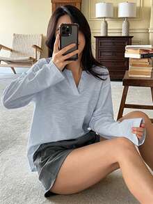 DAZY 2件套女士休闲V领T恤和短裤睡衣套装，夏季 - 藍色 - 查看 7