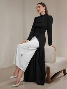Modelyn 女士优雅撞色高开衩镶钻长款晚礼服 - 黑與白 - 查看 9