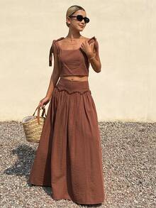 DAZY Women's Solid Color Cropped Tie-Front Camisole & Ruffle Hem Long Skirt Elegant Summer 2-Piece Set Boho Short Sets For Women Vacation Outfits Women - Brown - View 4