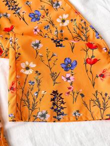 SHEIN Sparklyn 1pc Girls' Summer Boho Holiday Vacation Orange Floral Print Sleeveless Jumpsuit With Detachable Bow,Straight Wide Leg Casual Woven Jumpsuit,Holiday - Yellow - View 6