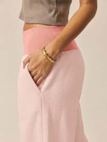Aralina Contrast Ribbed Wide Waistband And Wide Leg Baggy Track Pants - Pink - View 4