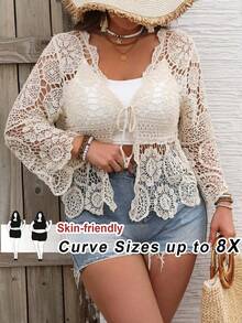 SHEIN CURVE+ 大尺碼女款純色前綁帶長袖鏤空開襟衫，適合海灘度假、海灘穿搭，波希米亞風傳統米色 - 杏色 - 查看 1
