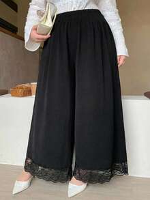 Dazy Plus Celana Panjang/Culottes Ukuran Besar Warna Polos dengan Potongan Lebar, Cocok untuk Semua Musim - Hitam - View 5
