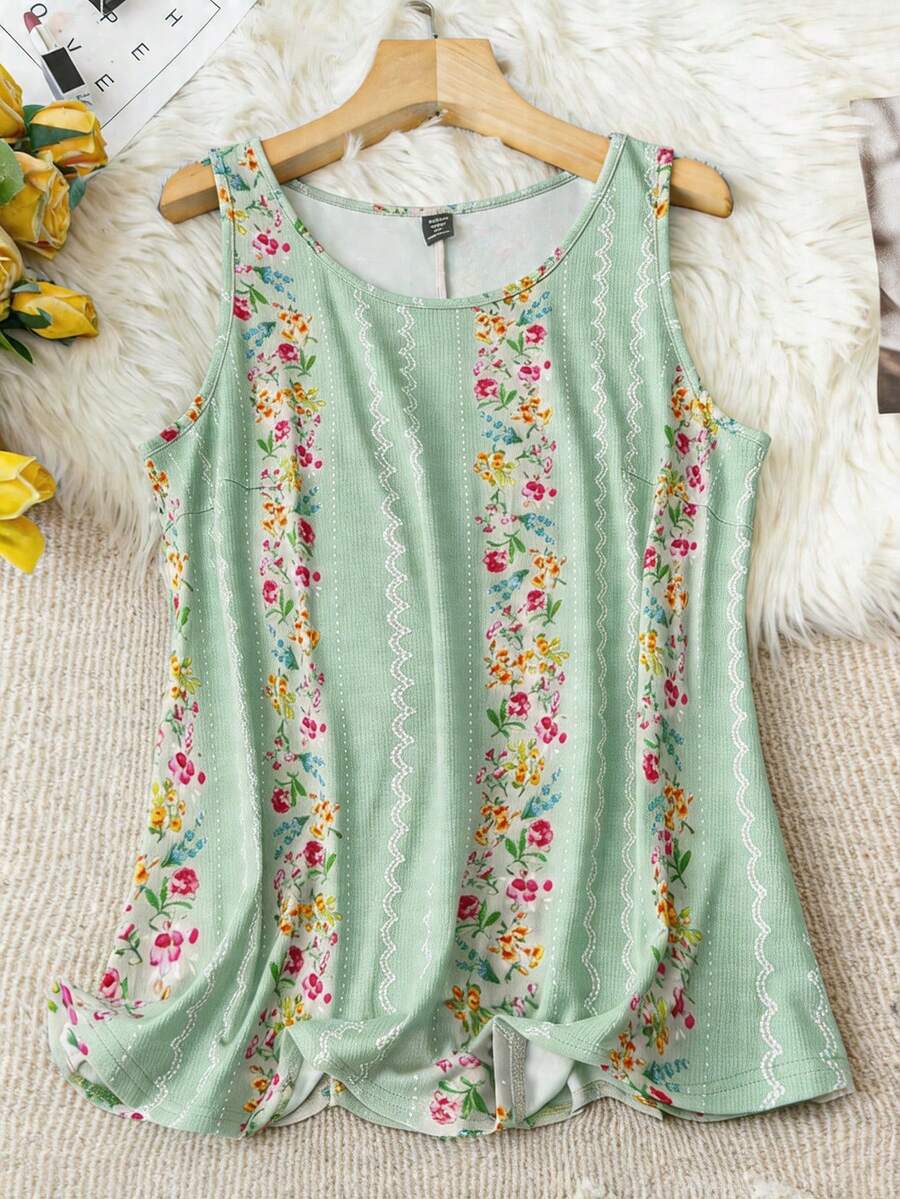 SHEIN LUNE Áo tank top nữ cỡ lớn in hoa cổ tròn, kiểu dáng thường ngày, thích hợp mặc mùa hè. - Nhiều màu - Xem 1