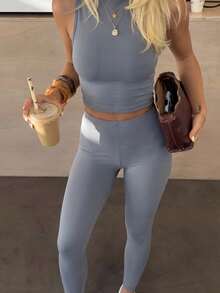 SHEIN EZwear Grey Solid Stand Collar Tank Top And Leggings Slim Fit Set - Dark Grey - View 7