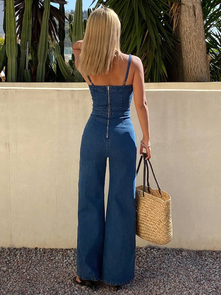 Women's Casual Washed Denim Jumpsuit With Wide Leg, Suitable For Spring And Summer