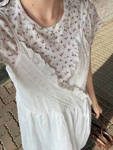 FRIFUL Camiseta de verano de mujer con patchwork de encaje y cruce de lazos - Beis - Ver 4