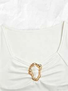 Franclia Women's Spring/Summer New Apricot Cinched Waist Raglan Sleeve Wide Collar Metal Buckle Decor Casual Commute Vacation Date Top Tee - White - View 4