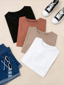 GlowEve CURVE Plus Size Solid Color Round Neck Short Sleeve Minimalist Summer Casual T-Shirt Gym Brown - Black - View 1