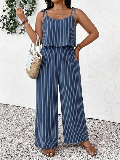 SHEIN Frenchy Plus Size Striped Sleeveless Jumpsuit, Casual Vacation Wear