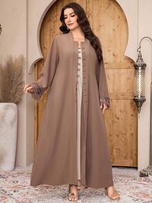 SHEIN Najma Plus Size Women's Contrast Lace Long Sleeve Single-Breasted Abaya - Coffee Brown - View 9