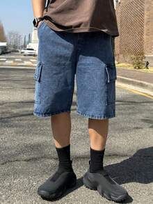 DAZY Pantalones cortos vaqueros de hombre con diseño de bolsillo, cintura elástica y efecto desgastado azul, para verano - Azul - Ver 4