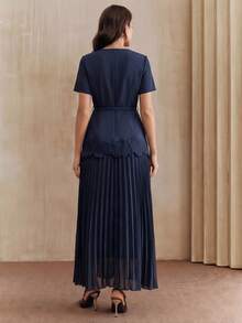 Anewsta New Elegant Round Neck Short Sleeve Dress With Pleated Hem Design, Navy Blue, Comes With A Matching Belt - Navy Blue - View 7
