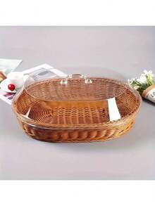 Giỏ đựng bánh mì giả mây, giỏ để ráo rau củ, khay đựng trái cây khô có nắp acrylic, giỏ đan thủ công hình bầu dục và nắp bảo vệ bằng acrylic. - Nhiều màu - Xem 5