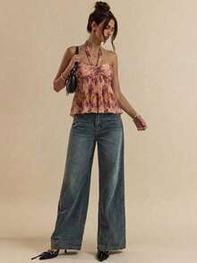 SHEIN BAE Áo kiểu cổ yếm xếp ly in hoa màu hồng, thích hợp cho mùa xuân/hè. - Hồng - Xem 6