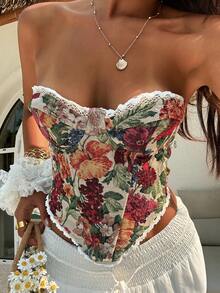 DAZY Top bustier con estampado floral, patchwork de encaje y lazo delantero, top tubo y halter para mujer, outfit de vacaciones de verano - Multicolor - Ver 1