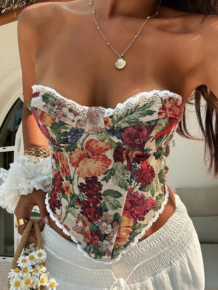 Women's Floral Print Lace Patchwork Tie-Front Bustier Top
