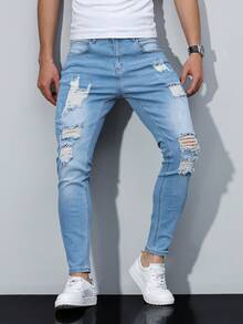 EGENSIO Plus Size Men's Light Wash Distressed Denim Jeans, Fashionable Streetwear Loose Fit Pants - Light Wash - View 6