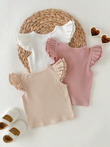 Cozy Pixies 3pcs Baby Girl Solid Color Soft Knit Crew Neck Short Sleeve Top Set - Multicolor - View 2