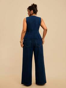 SHEIN Tall CURVE 大码女式单排扣上衣和阔腿牛仔裤休闲日常两件套 - 藍色 - 查看 11