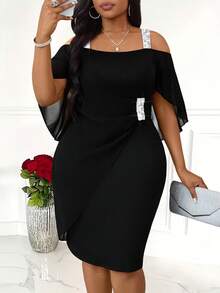 Villa Velisse Plus Size Elegant Shoulder Strap Beaded Dress Evening Formal Black Summer - Black - View 3